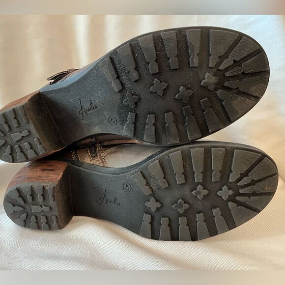 Leather Slouch Ankle Boots Gray Brown Moto Buckle Lug Block Heel SZ 10.5 - Picture 7 of 11